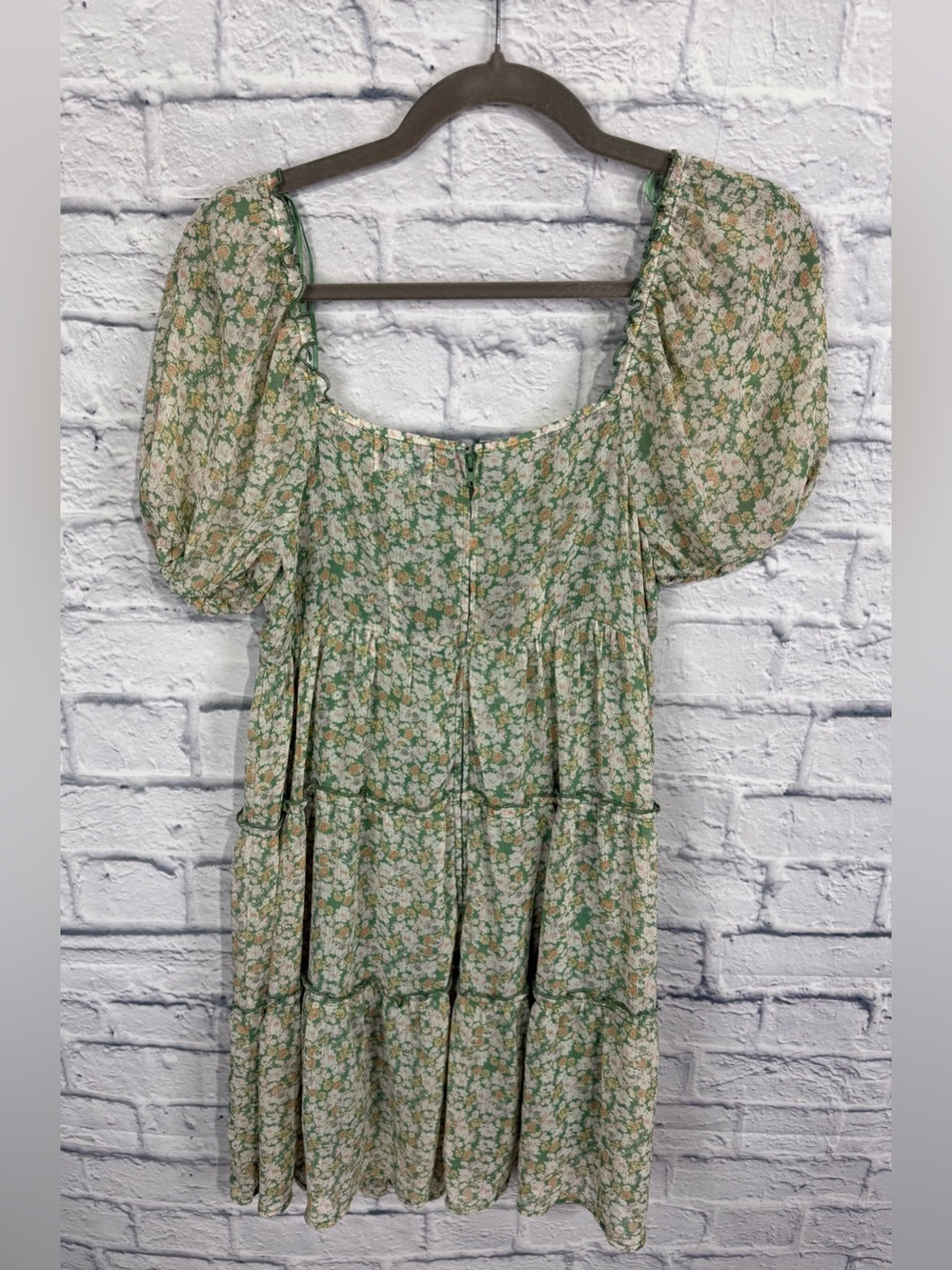 Floral Tiered Semi-Sheer Babydoll Dress - Green Floral, Size Medium - Picture 5 of 10